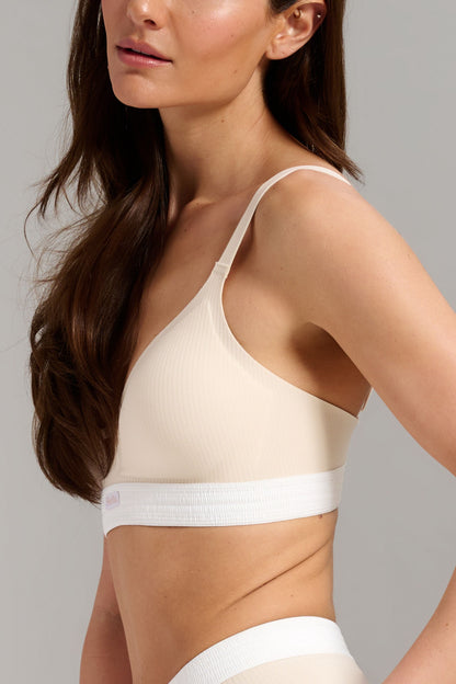 Organic Cotton Rib V-Neck Foam Bra - Siella - Color: Whisper Beige Beige murmure