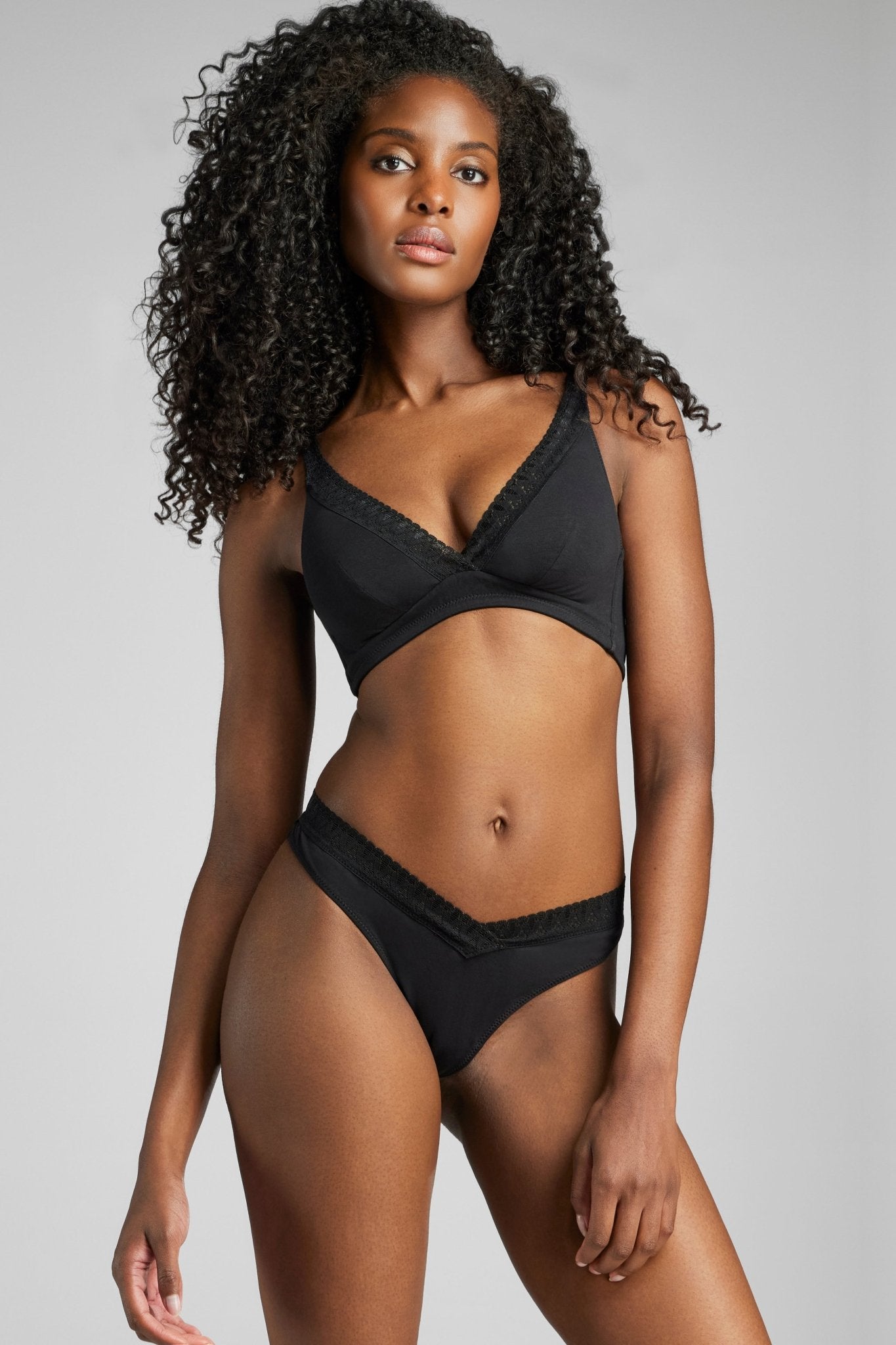 Organic Cotton Lace Plunge Bra - Siella - Color: Black Noir