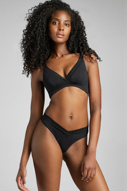 Organic Cotton Lace Plunge Bra - Siella - Color: Black Noir