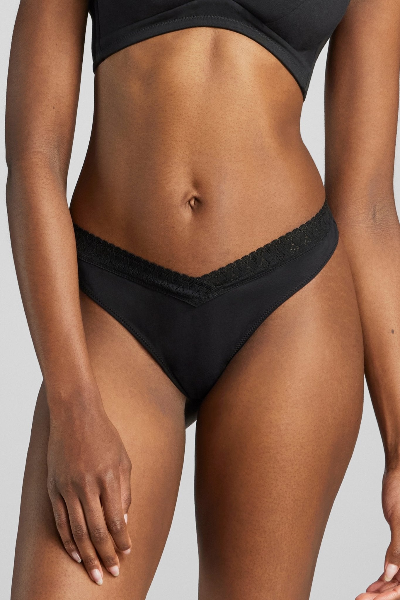 Organic Cotton Lace Thong - Siella - Color: Black Noir